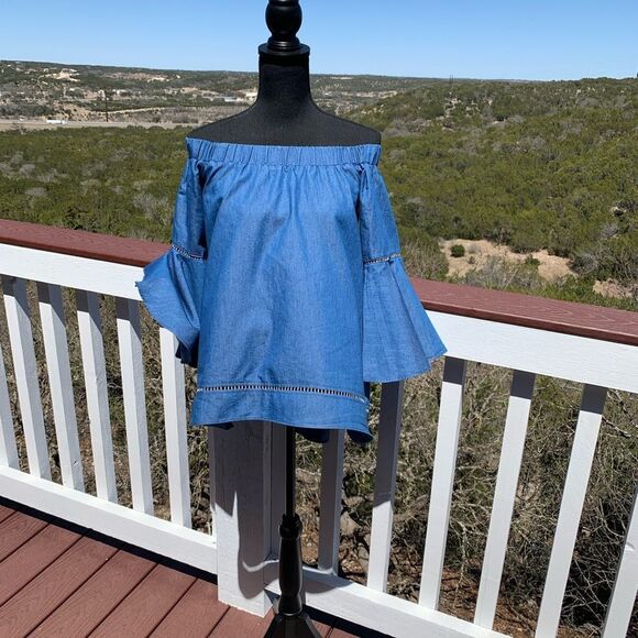 Denim Off Shoulder Top Bell Sleeves‎ - Picture 1 of 12
